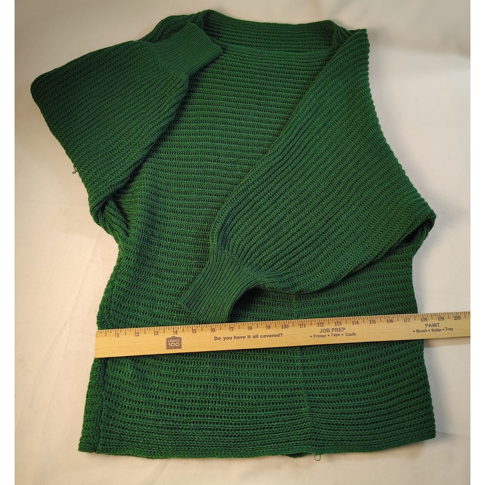 SHEIN Womens Green Waffle Knit Lantern Sleeve Open Front Boho Cardigan Sweater S